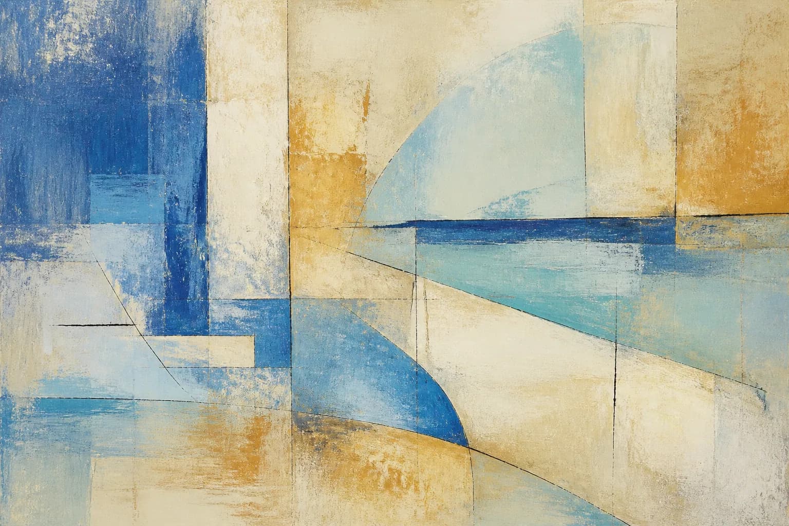 Chalky blue, cream and ochre geometric abstract painting.