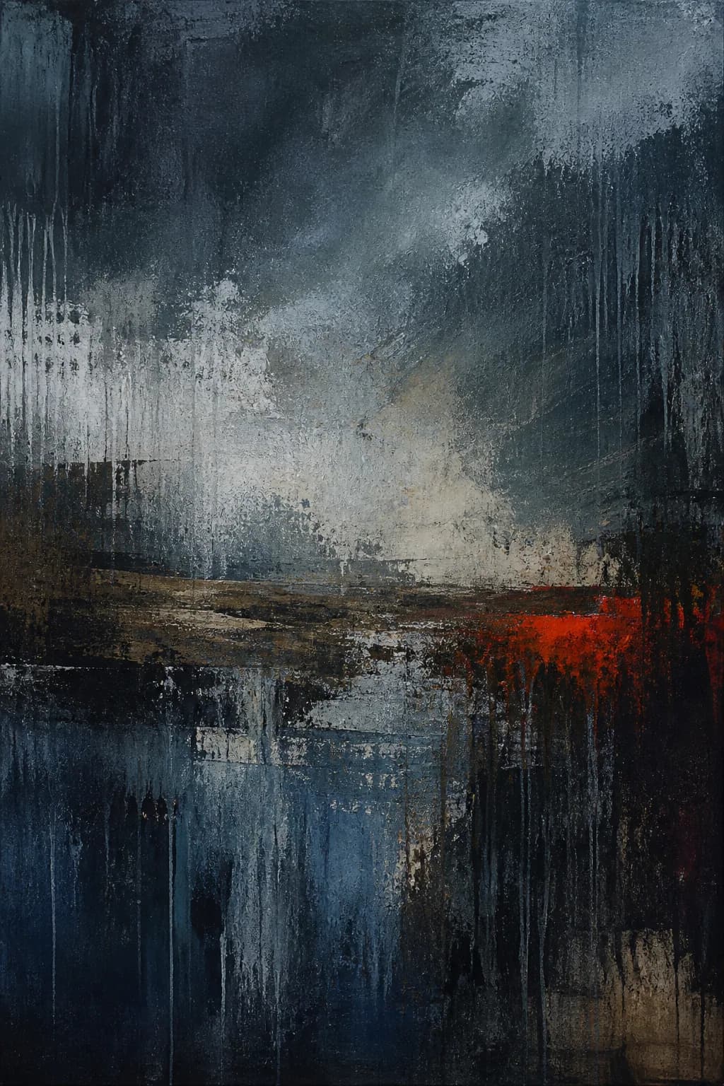 Indigo abstract painting with rain-like marks and a vermilion passage.