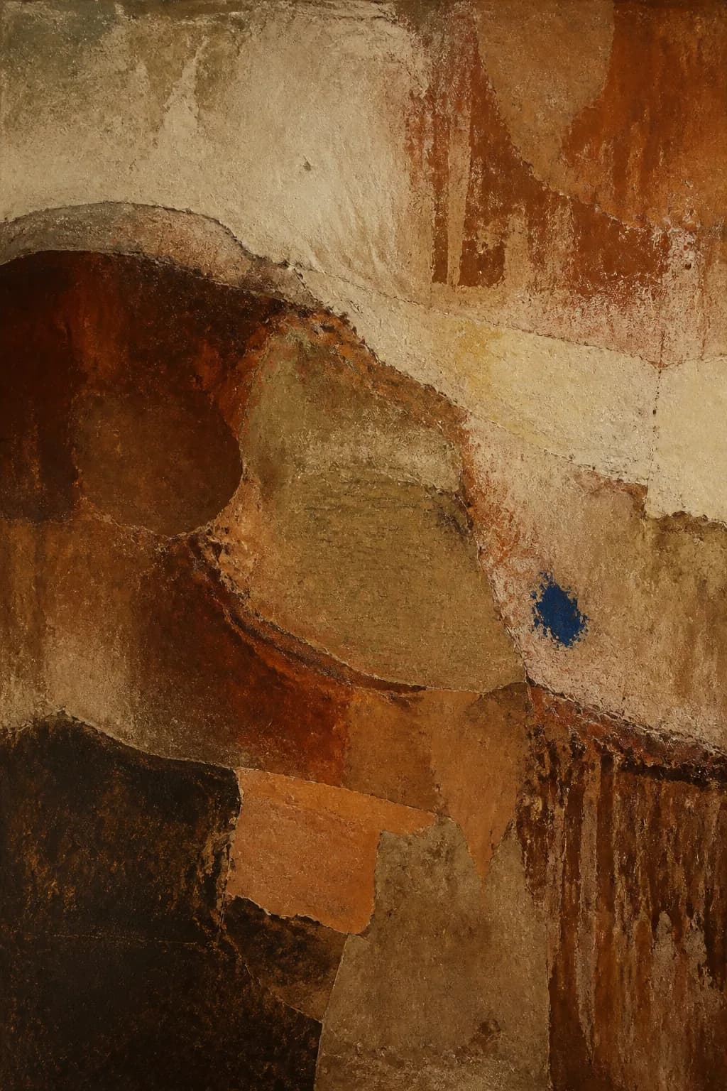 Earth-toned abstract painting with terracotta fields and a cobalt mark.